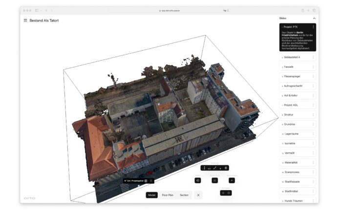 Ein 3D-Modell eines Gebäudekomplexes, das auf einem Computerbildschirm angezeigt wird. Das Modell zeigt detaillierte Dachstrukturen. Eine Seitenleiste auf der rechten Seite listet verschiedene Navigationsoptionen auf. Der Hintergrund ist weiß und hebt die Details des Modells hervor. at Hochschule Coburg